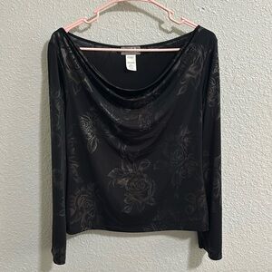 Papillon Blanc Black Sheer Slouched Rose Long Sleeve Shirt Large XL